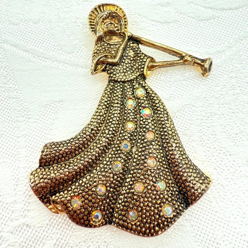 Vintage Gold Tone Girl Playing Alphorn Instrument Brooch w/ AB Rhinestones